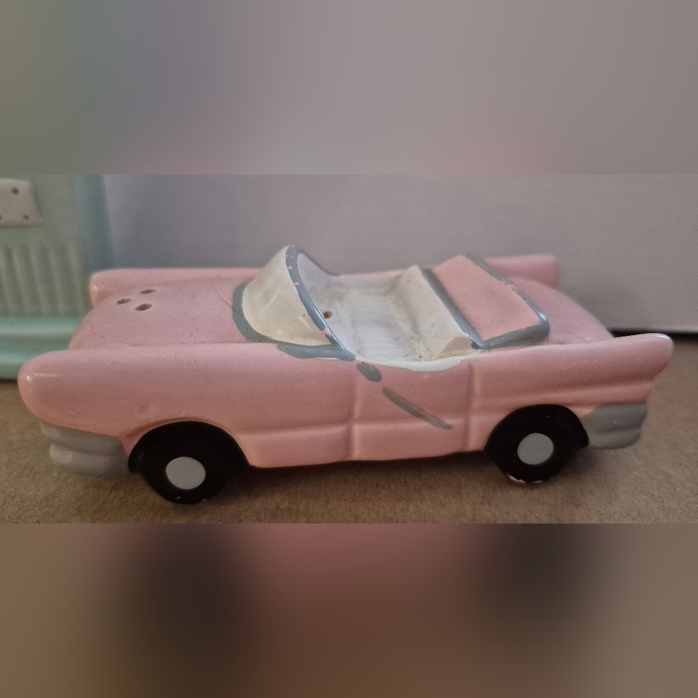 Craft Pink and White Toy Car with Gas Pump Salt and Pepper - Picture 4 of 9